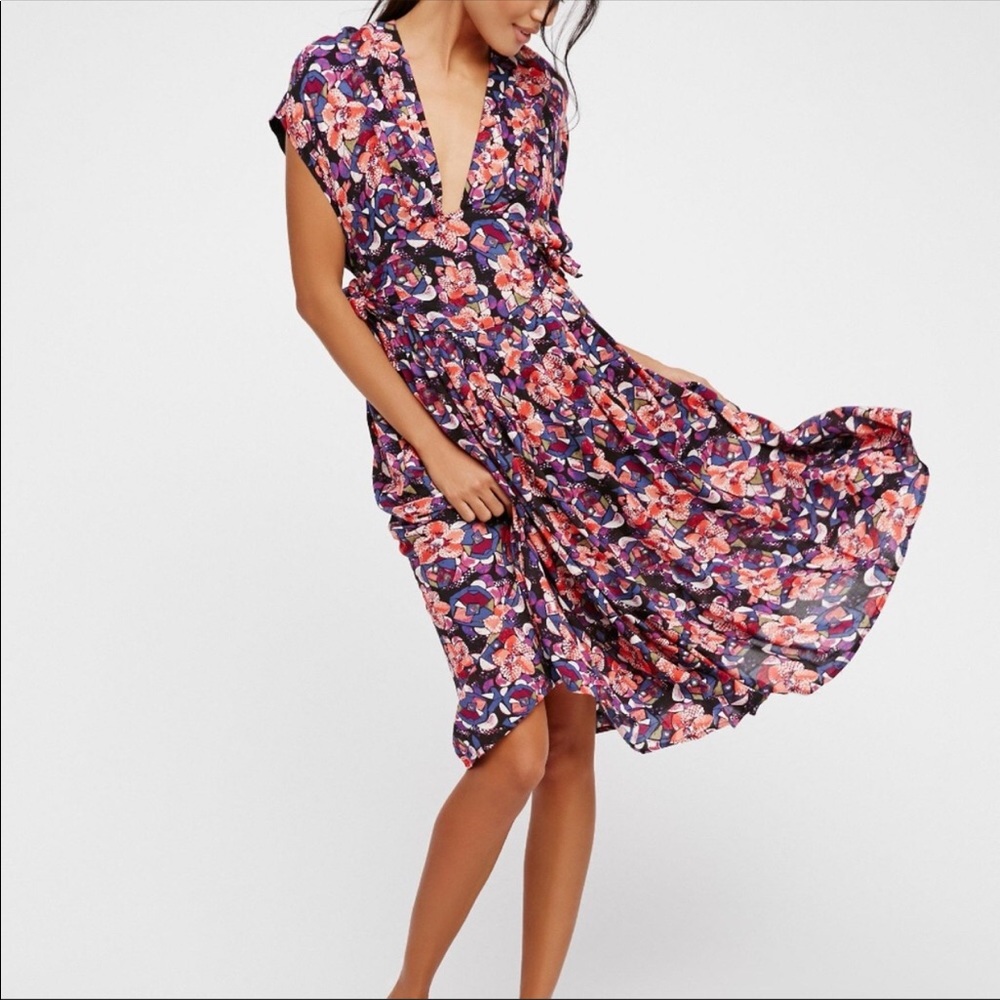 Free People Multi color floral midi dress, plunge